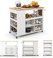 Vista 1 de Giantex Carrito de isla de cocina con ruedas, mesa de isla rodante con parte superior de madera de caucho, cajón, estante para especias de 3