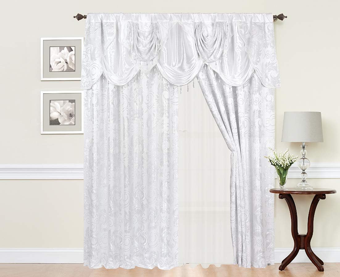 Golden Rugs Jana Collection 2pc Curtain Set with Attached Valance and Backing 55"X84" Each (White)