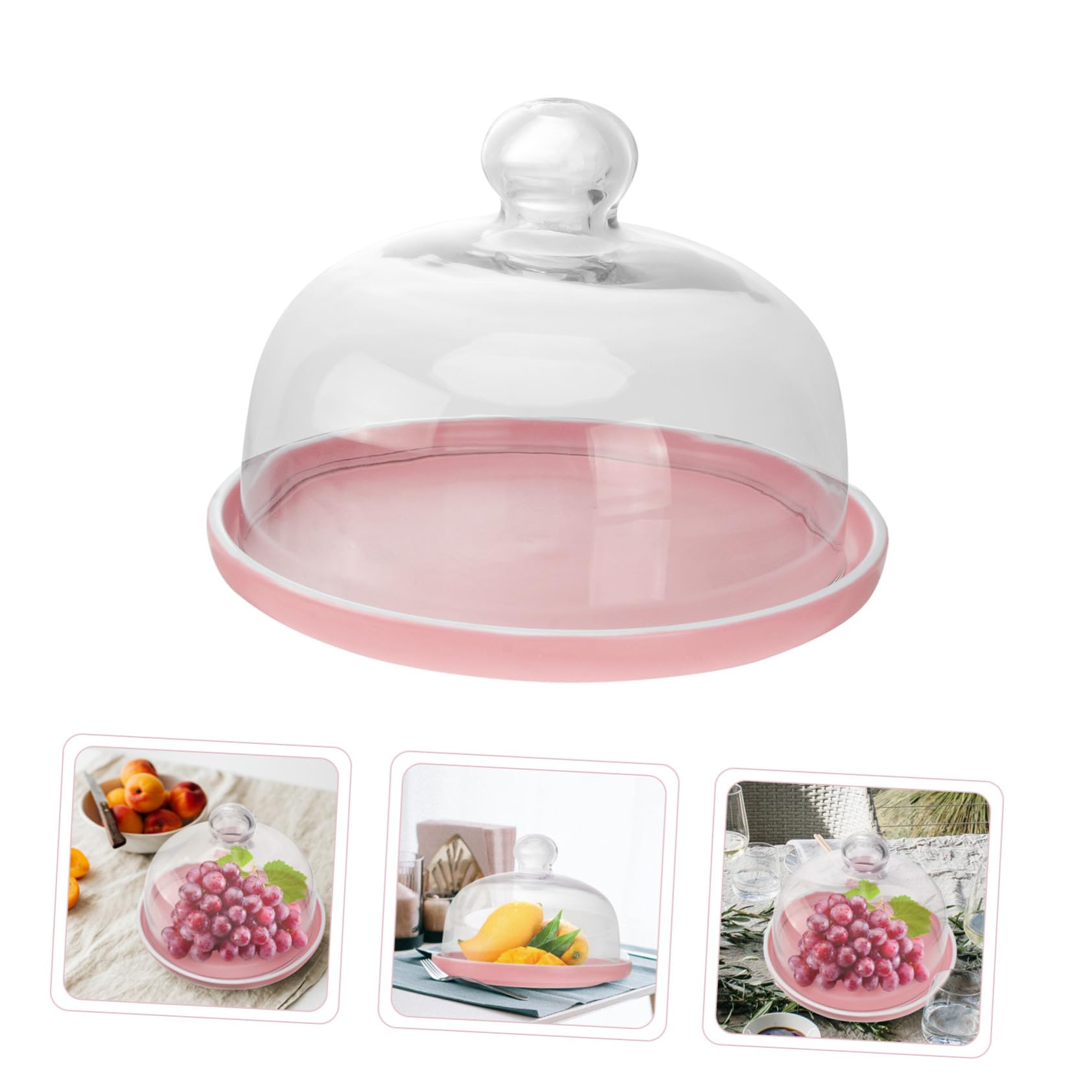 Keramik Desserttablett mit Glasdeckel, 1 Satz Rosa für Kuchen und Brot