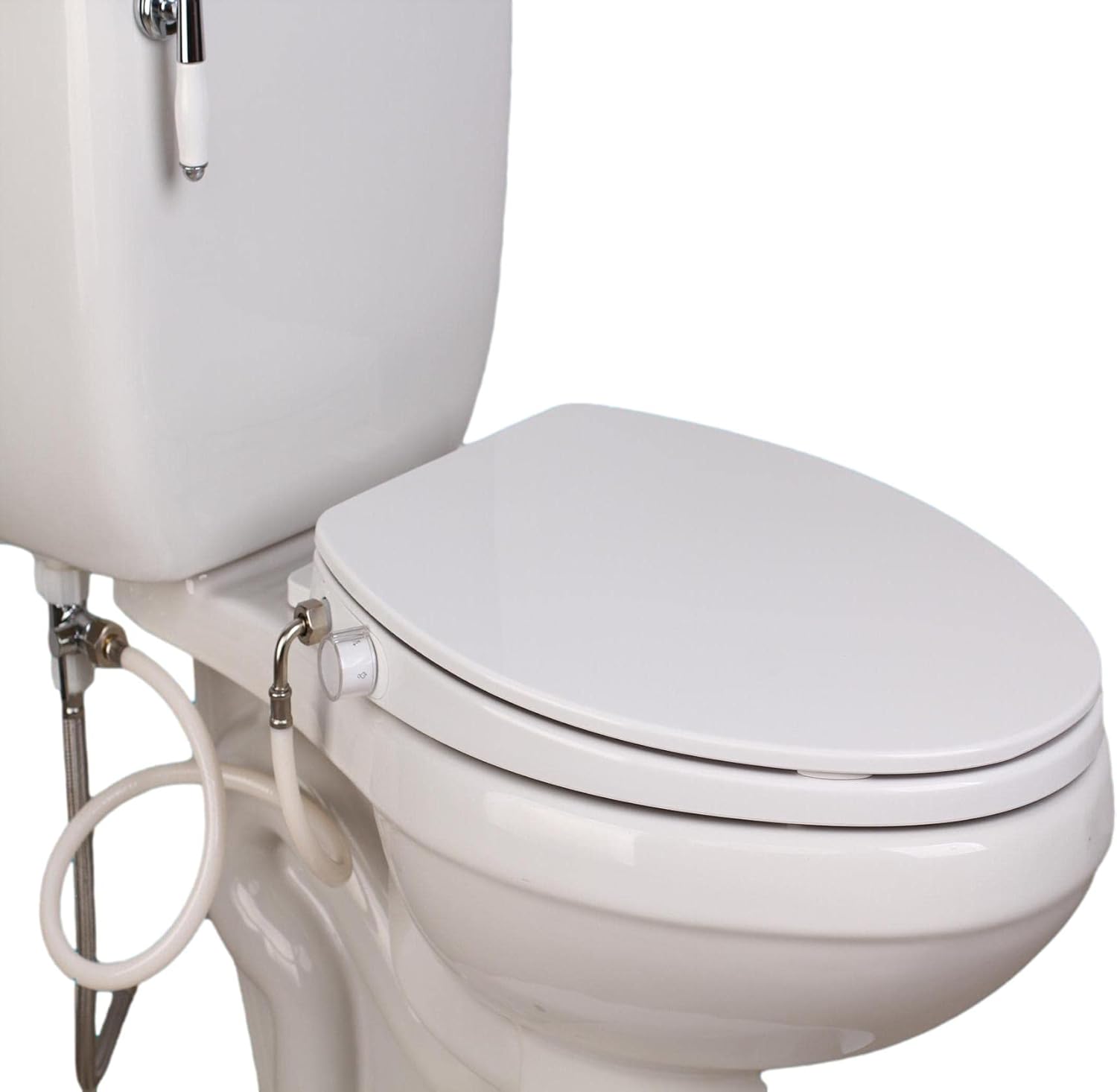 GenieBidet Stealth ROUND Bidet Seat | Self Cleaning Dual Nozzles + Rear & Feminine Cleaning | No wiring required. Easy 20 minute install | Hybrid T with ON/OFF Included! - - 