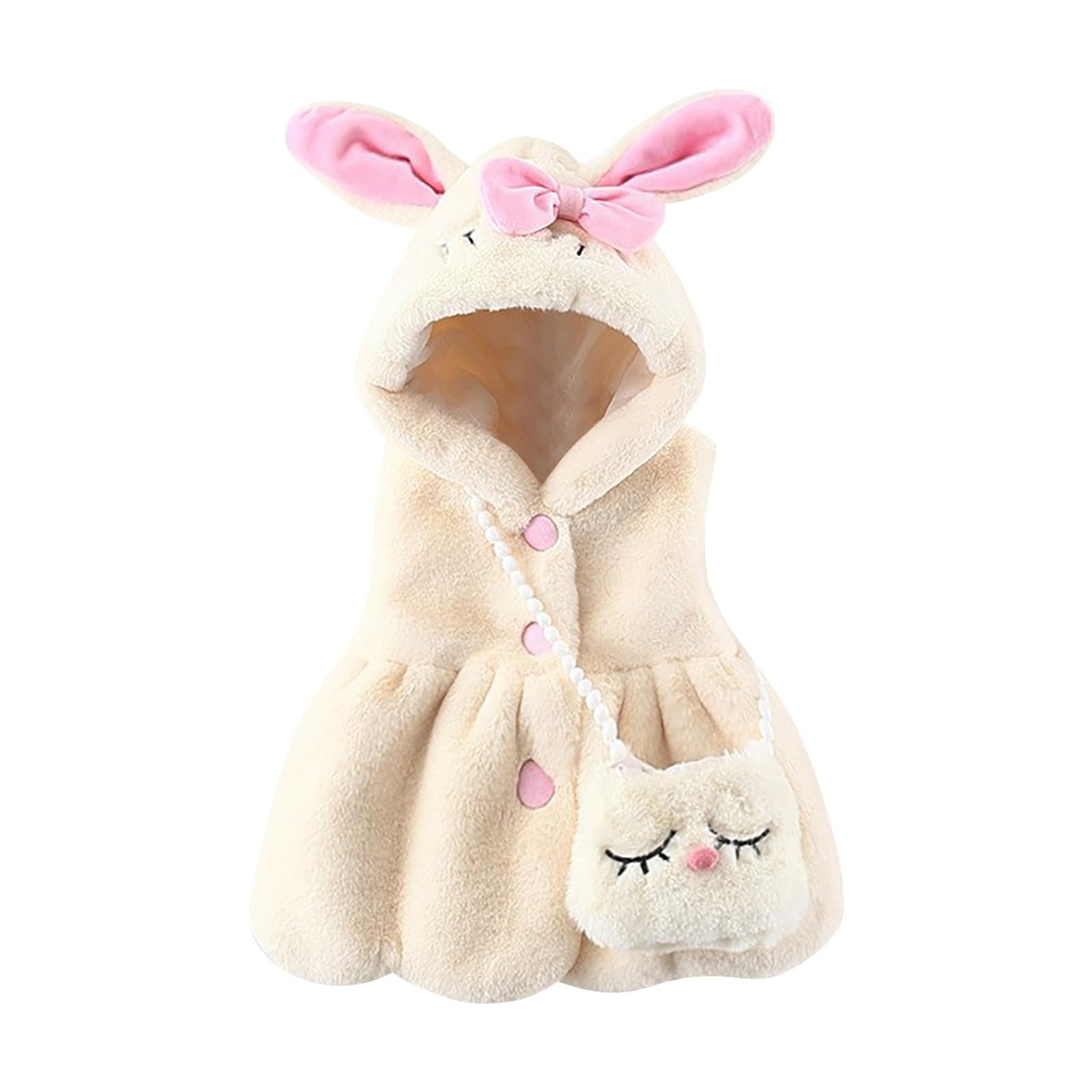iPOGP # Girls Winter Rabbit Ears Hooded Sleeveless Vest Coat Button Jacket Loose Hem With Cartoon Crossbody Bag