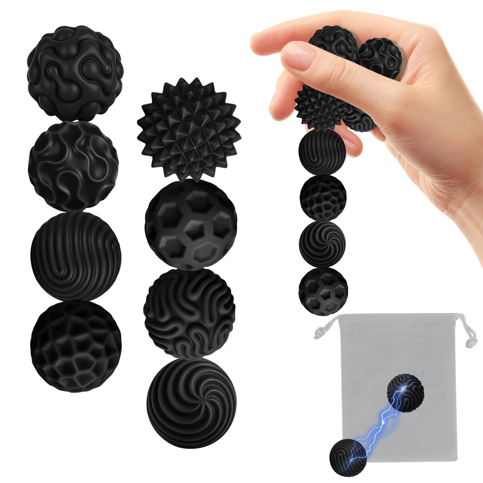 Zingbee 8 Magnetische Fidget Toys, Silikon Magnetkugeln Anti-Stress Bälle, Sensorik Spielzeug für Erwachsene und Kinder, Sensorische Magnetische Kugeln Set, Stressabbau und Entspannung（Black2）