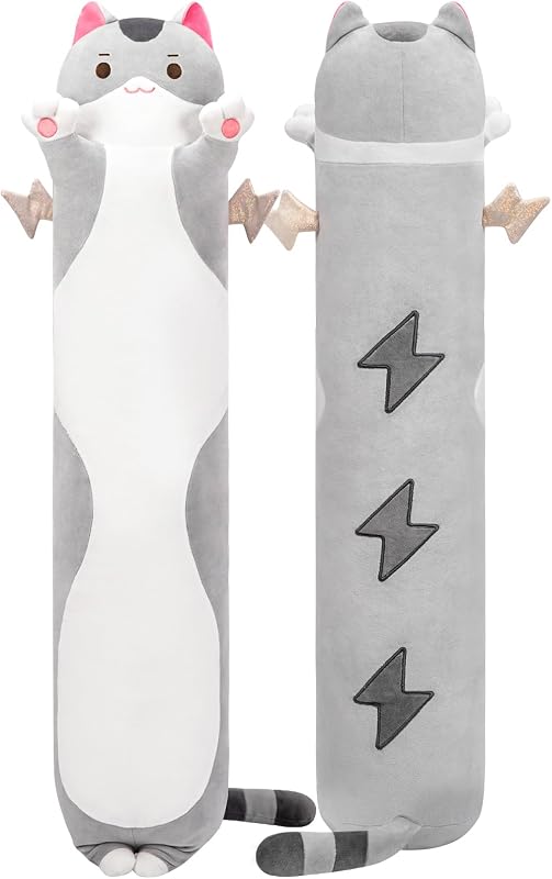 Grey Cat Body Pillow Long Cat Plush 20 in, Extra Filling Soft Cute | Ultra-Soft Stretch Fabric, Huggable Cat Plush, For Bedtime, Sofa Back Cushion, Cute Kawaii Cat Design, Gift for Kids & Girls