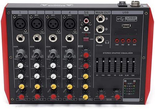 Mezclador de audio profesional Bluetooth DJ - Controlador de DJ de 6 canales, mezclador de sonido, entrada MP3, 48 V, alimentación fantasma, estudio