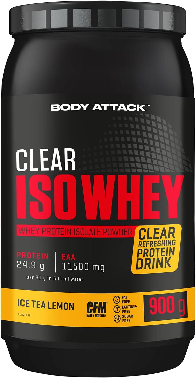 Body Attack Clear ISO Whey - Ice Tea Lemon Flavour - 900 g - Made in Germany - Refreshing, Clear Whey Protein Isolate - 24 g Protein and 11,400 mg EAAs per Iso Whey Shake, Sugar & Fat Free