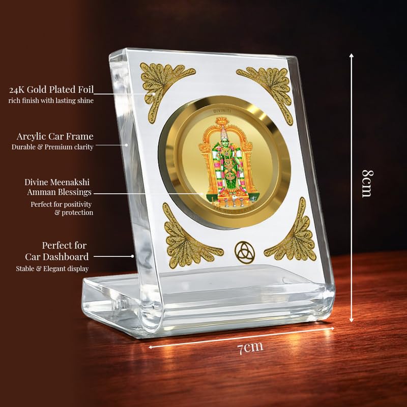 Image of DIVINITI 24K Gold Plated Meenakshi Amman Acrylic Frame for Car Dashboard, Home Temple & Office Table | Premium Spiritual Gift, Blessings for Protection & Positivity, 8x7 cm Decorative Showpiece