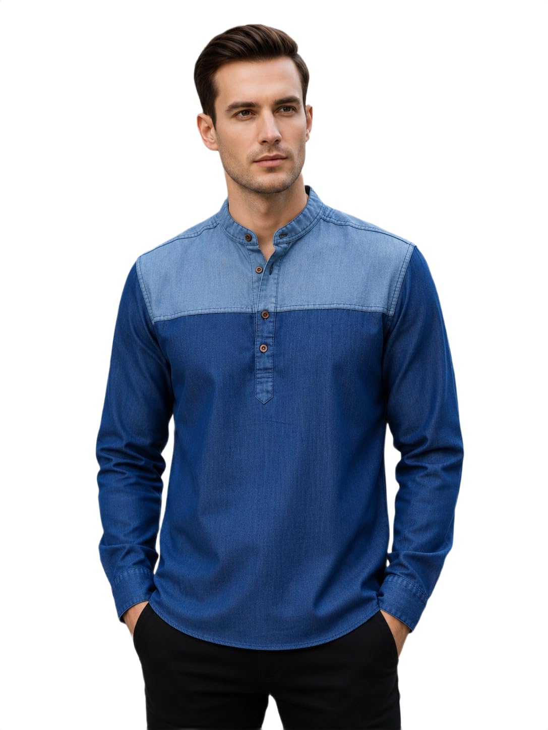 amazon brand - inkast Men's Stylish Two Shade Denim Kurta Shirt | Mandarin Collar Casual Ethnic Wear for Men | Full Sleeve Regular Fit Short Kurta | Modern for Festivals & Parties-picture-25