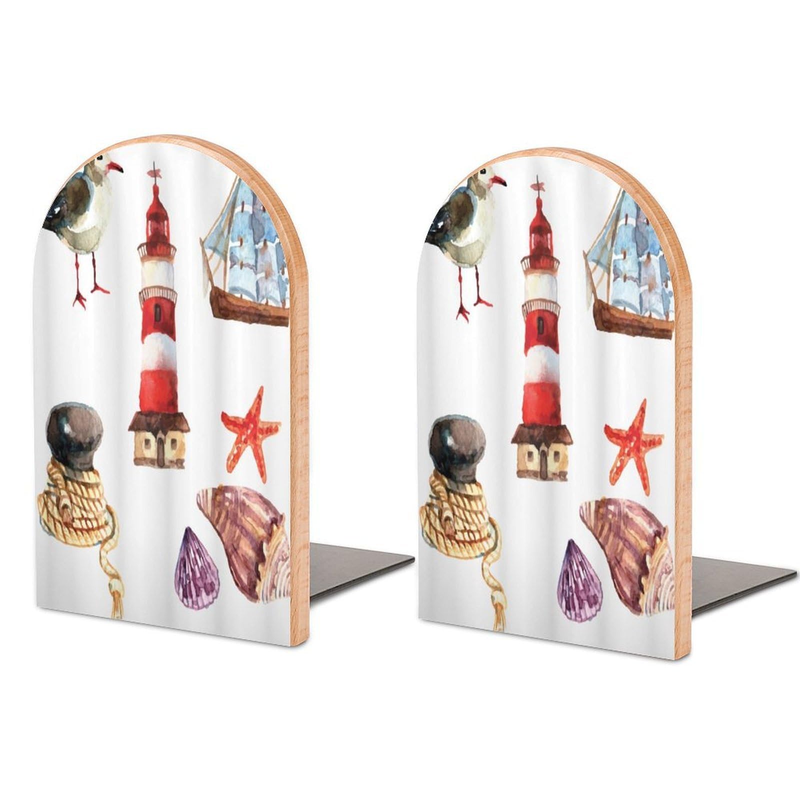 Nautical Elements Seagull Boat Lighthouse Shell Starfish Island Beech Wood Bookends Heavy Duty Book Organizers Desktop File Holder for Office Home Bookshelf