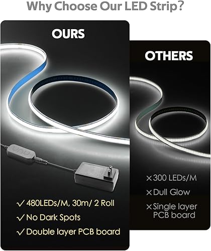 Miniatura 3 de Tira de luces LED COB regulables para dormitorio, 24 V, 6500 K, 100 pies, 480 LEDM, alta densidad, color blanco brillante, Bluetooth, tira de luces