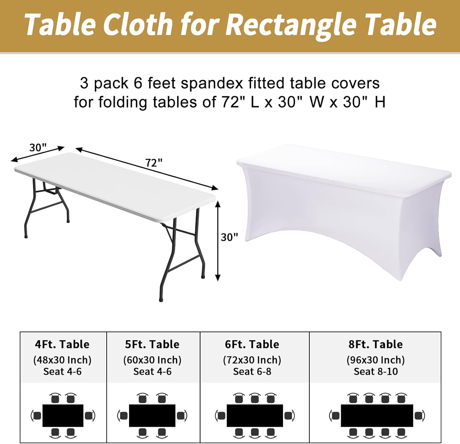 Fixwal 3 Pack White Table Cloths Rectangle 6FT, Tablecloths Rectangular Stretch Spandex Fitted Table Covers 6FT for Parties, Trade Shows, Banquet, Weddings, Buffet, Graduation Decorations - Image 3