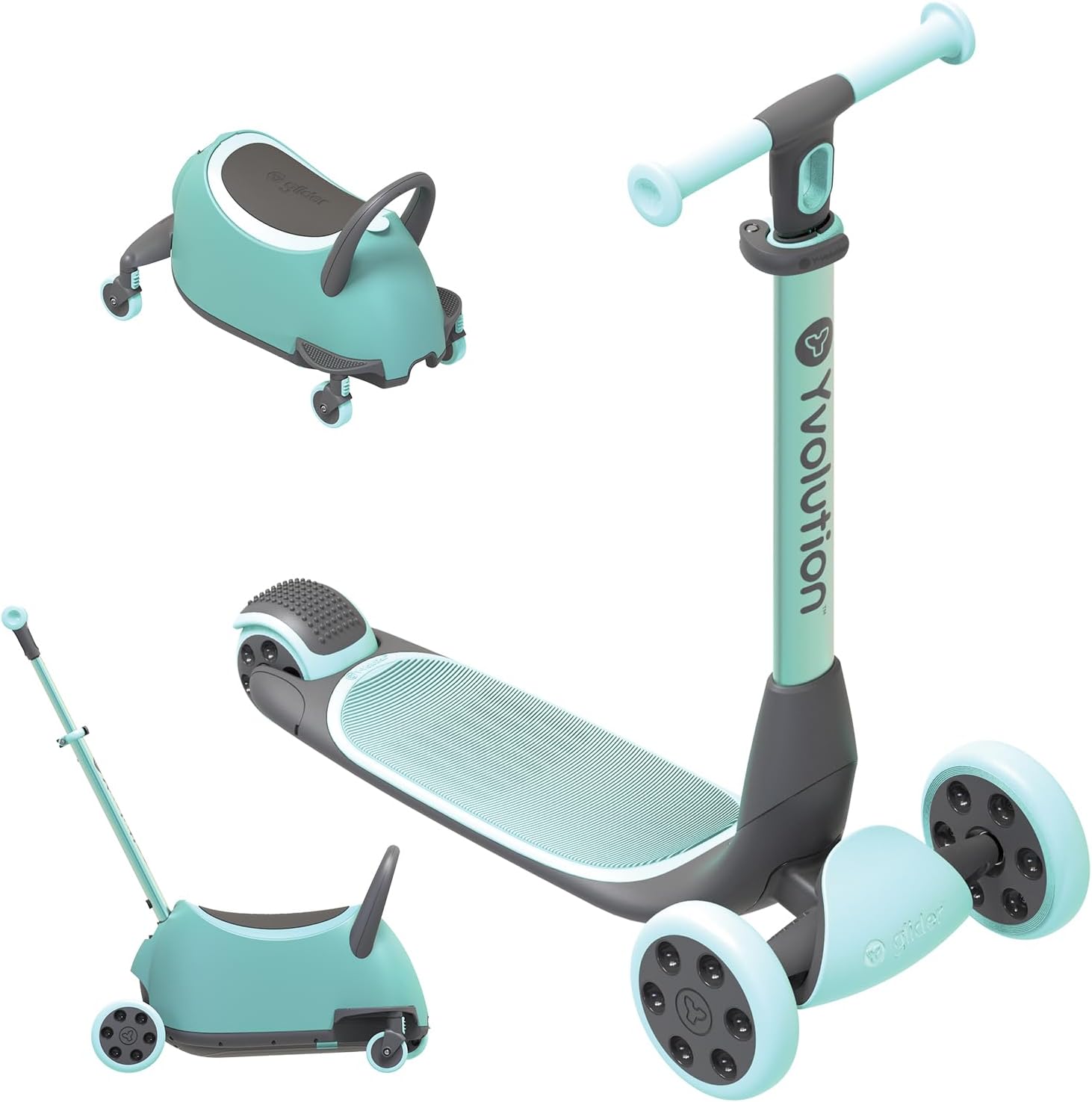 Yvolution Luna Ride On Scooter with Removable Storage Trunk & Seat, 5-in-1 Kick Scooter with LED Light-up Wheel Lights, Adjustable Height Push Bar for Kids Age 10 Months to 10 Years Green 2022