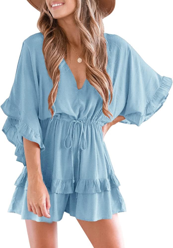 Valphsio Womens V Neck Beach Romper Ruffle Layered Drawstring Waisted Shorts Jumpsuit