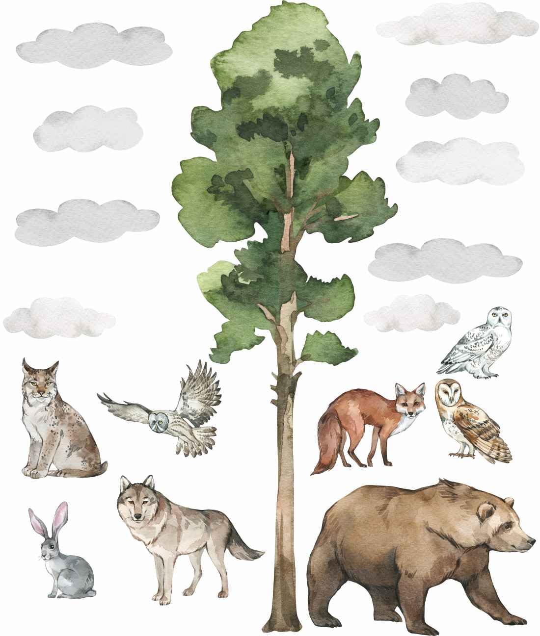 Waldtiere große Wandtattoo, Wandtattoo Hirsch, Wandtattoo Kinder, wilde Aquarell Tiere