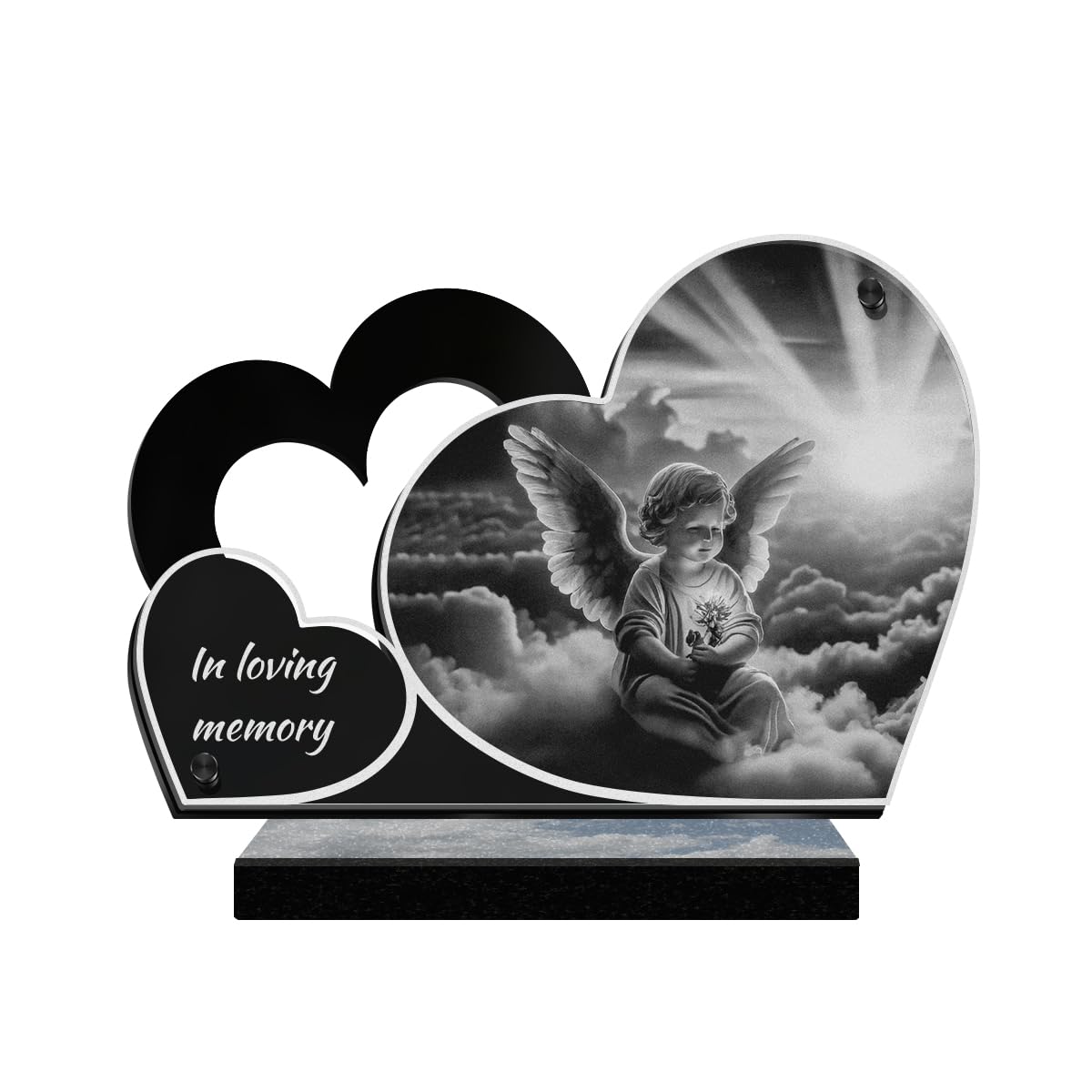 ETERNEL - Personalized Double Heart Memorial Plaque - Cherub, Angel, Angel Wings - Customizable text, laser-engraved memorial plaque for tribute, tombstone, mortuary, funeral mourning