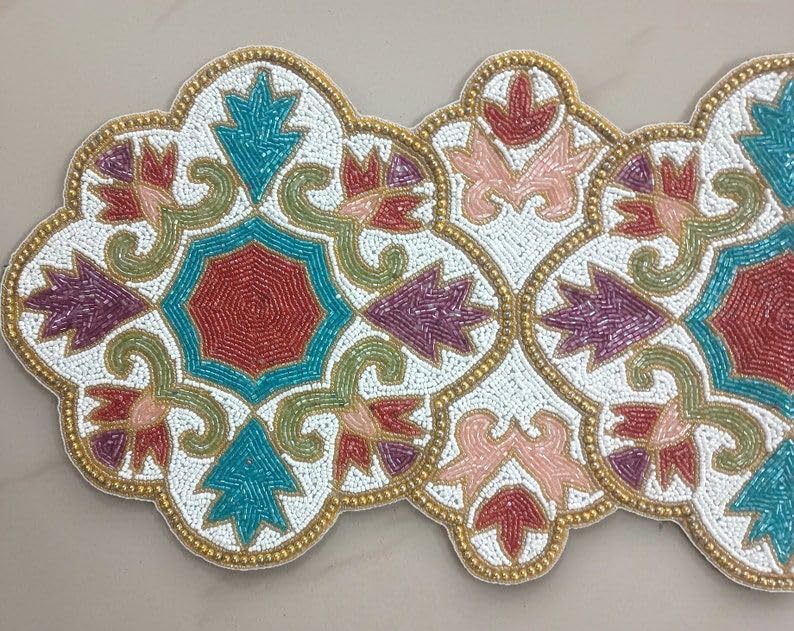 Image of Made for You Handmade Floral Beaded Multicolour Table Runner | 13x36 Inch Dining Table Topper & Centerpiece | Decorative Table Runner for Home, Living Room & Gifting (1 Piece)
