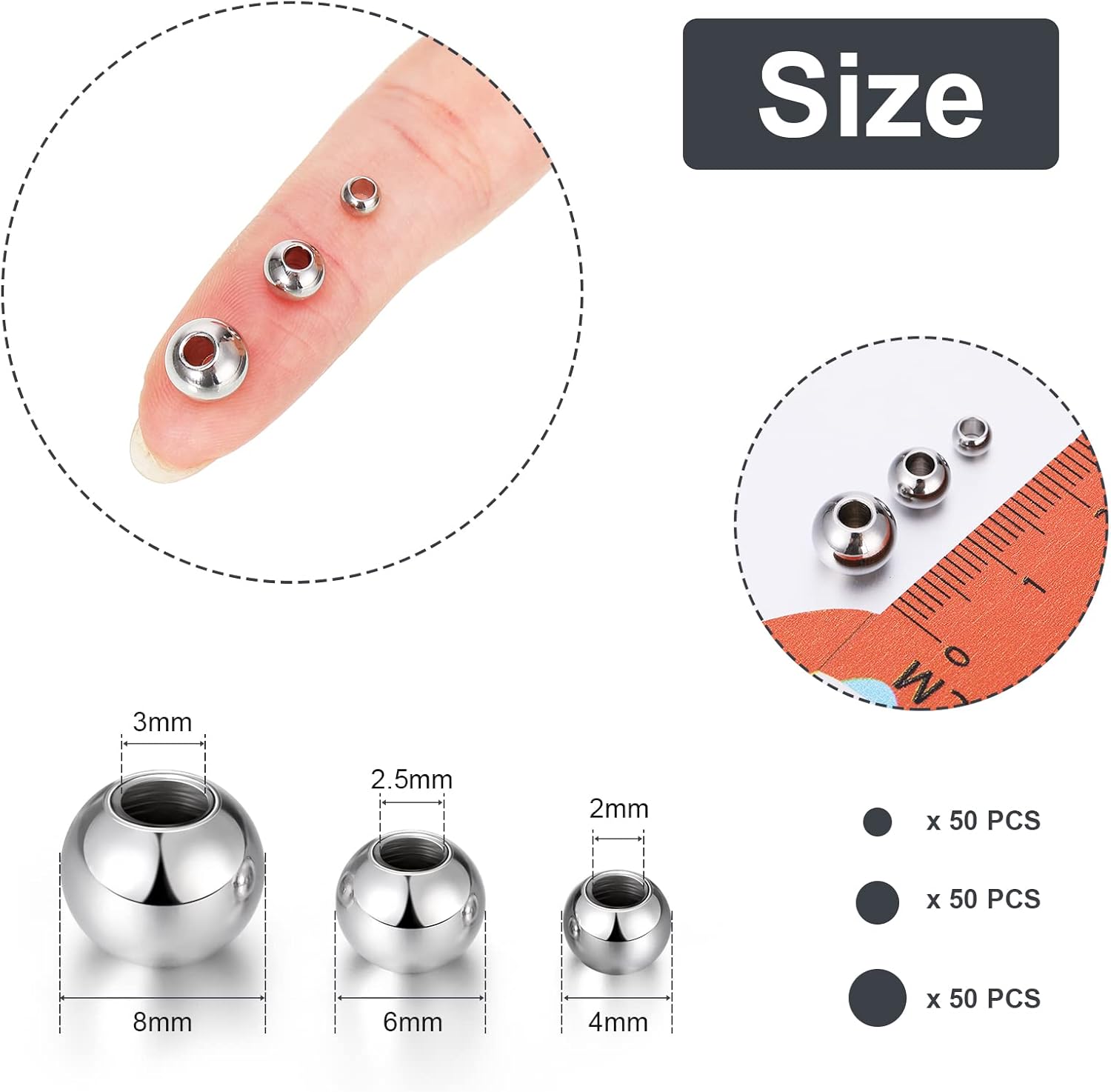 Hotop 150 PCS 2mm 2.5mm 3mm Stainless Steel Beads Silver Spacer Round Assorted Smooth Metal Seamless Metallic Plated Loose Beads for Necklaces Bracelets Jewelry Making DIY Gift, 3 Sizes - Image 2