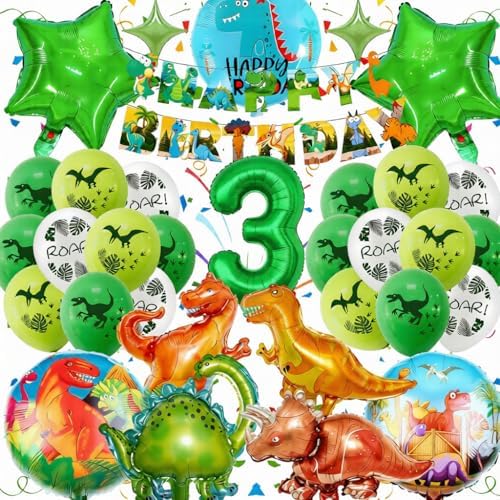 Dinosaur 3rd Birthday Party Decorations for Boys Girls, Foil Green Star Number 3 Dinosaur Balloons with Happy Birthday Banner Hanging Swirls for Dino Party Supplies