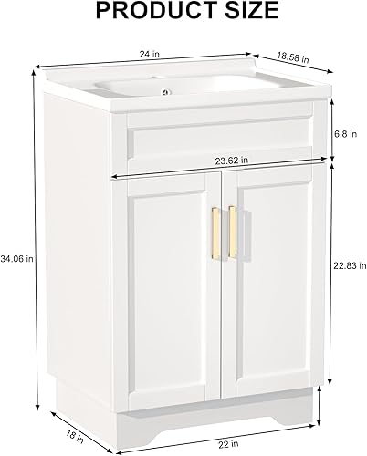 Miniatura 2 de Tocador de baño con fregadero de cerámica, 24 pulgadas, blanco