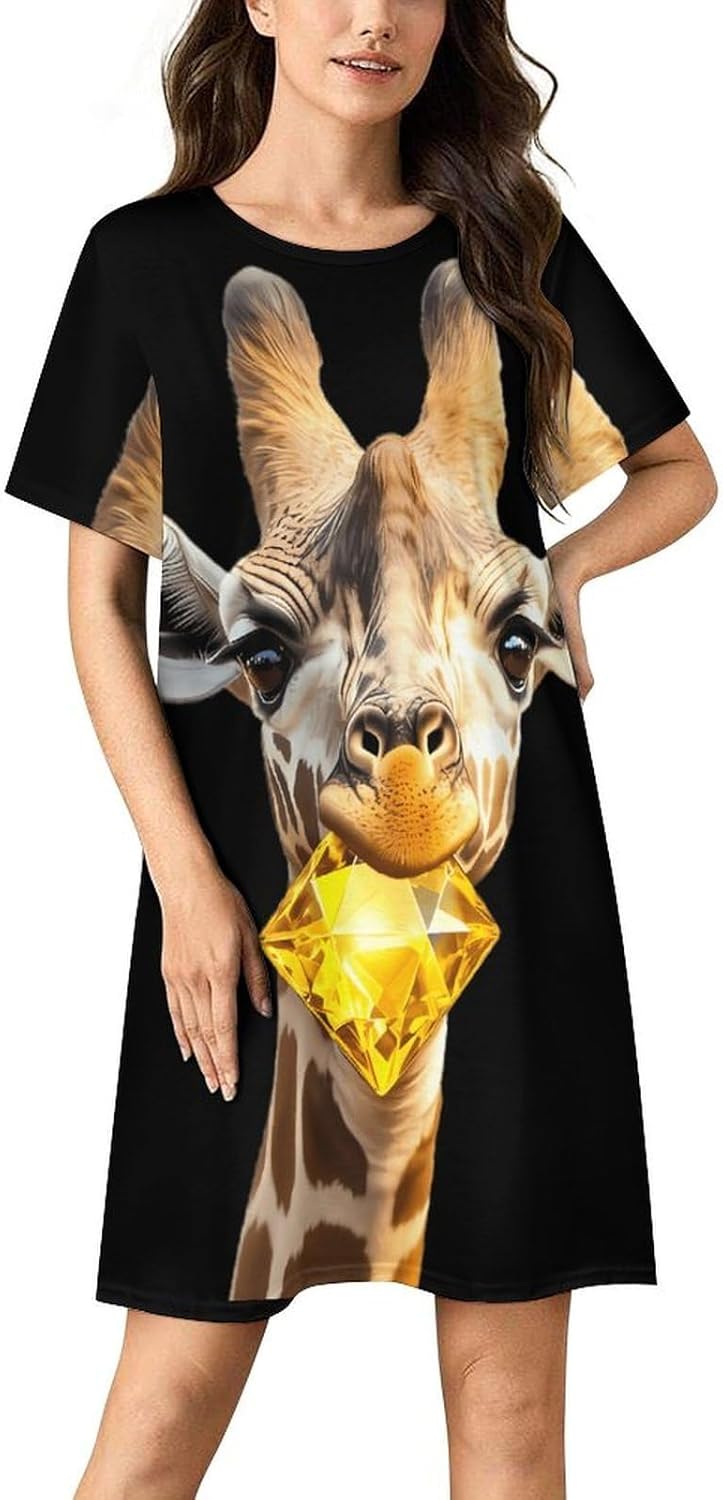 Giraffe with Diamond Nightgowns for Women Short Sleeve Sleep Dress Casual Sleepshirt Night Gowns Pajamas