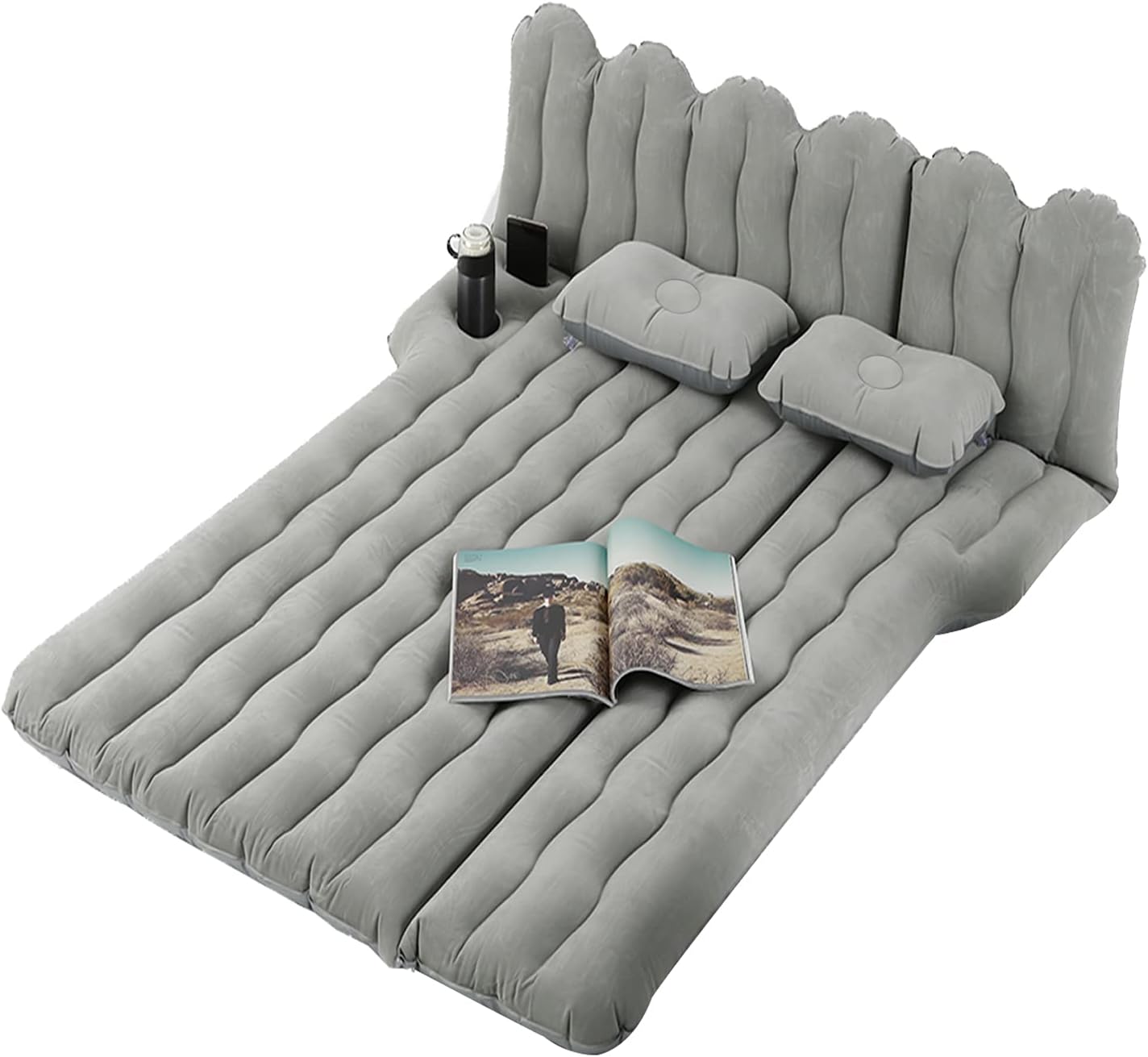SUV Air Mattress with Cup & Phone Holder, Flocked-Top Inflatable Car Mattress with Two Air Pillows & Electric Air Pump, Ideal SUV Mattress for Camping, Travel, and Road Trips (Grey)
