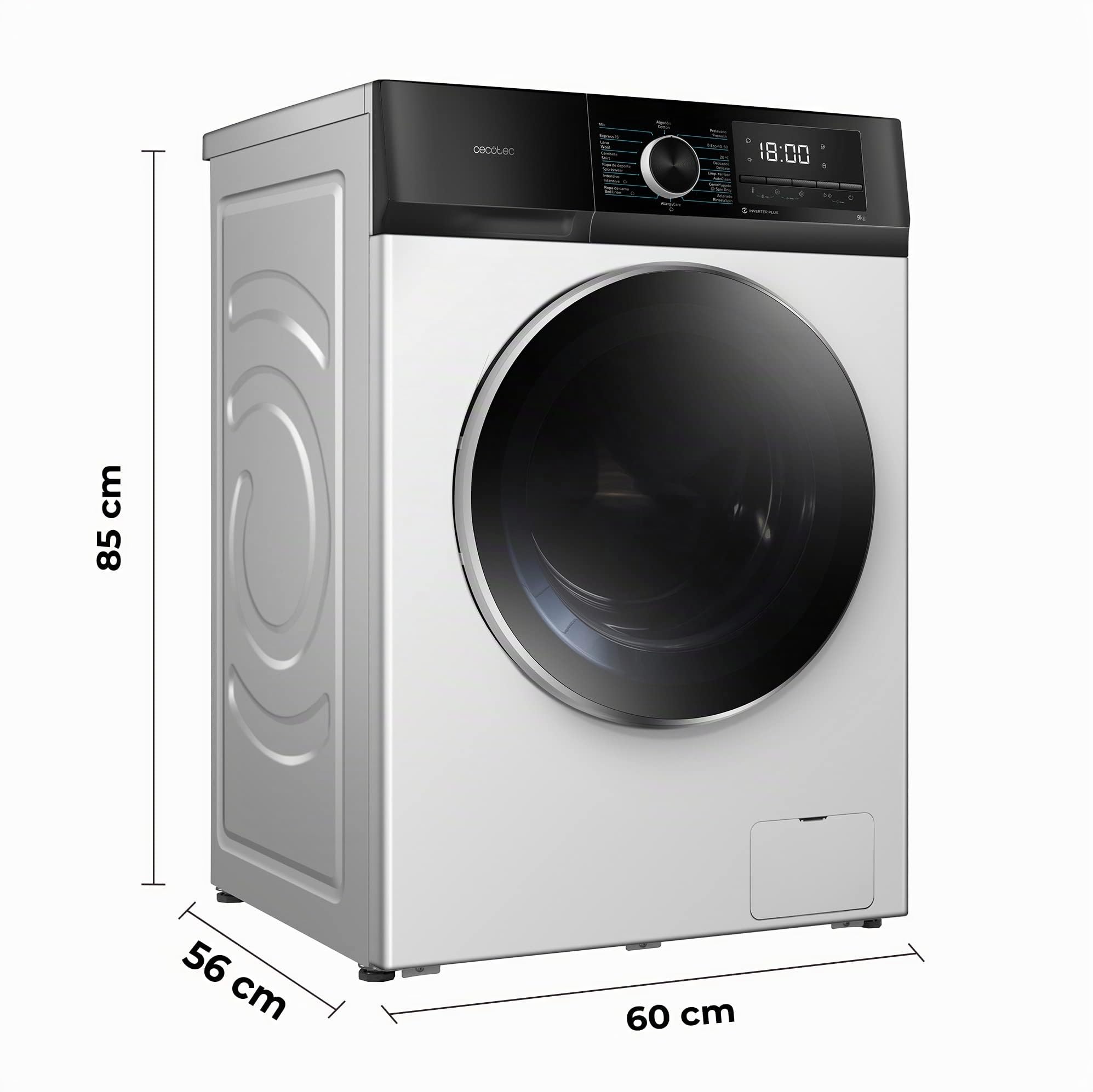 Cecotec Waschmaschine 9 Kg Frontlader Bolero Dresscode 9500 Inverter A. 1900 W, 1400 U/min, Inverter Plus Motor, Energieeffizient, 16 Programme, SteamMax, Startzeitvorwahl, Weiß