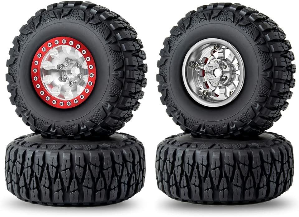 RCLIONS 1.9inch Aluminum Beadlock Wheels and Rubber Tires with Foam Insert for 1/10 RC Car Axial SCX10 90046,SCX10-III,TRX4,D90 (Silver+Red)