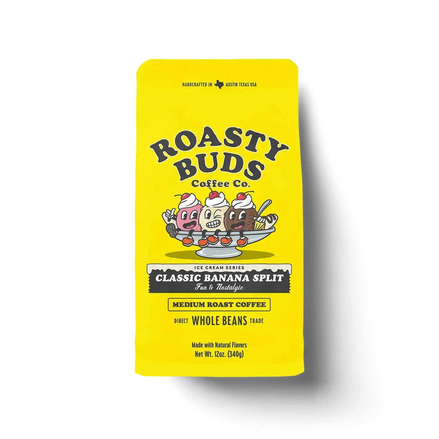 Roasty Buds Banana Split Whole Bean Coffee – 12oz Bag | Gluten-Free, Non-GMO, No Sugar, Dairy, Soy, or Egg | Dessert-Inspired, Bold & Smooth Medium Roast