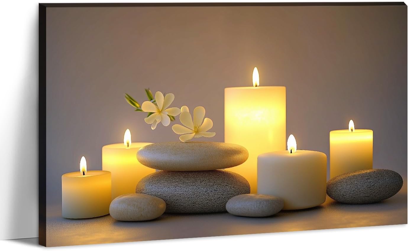 Zen Canvas Wall Art SPA Stones with Candle Picture Bathroom Decor Framed Black Posters Still Life Painting Meditation Spiritual Prints for Walls Ready to Hang - 12.00"x18.00"