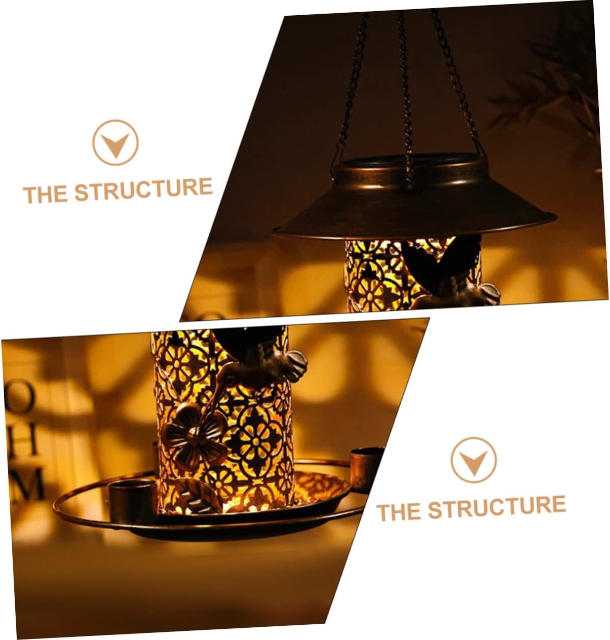 POPETPOP Solar Bird Feeder with LED Lights Antique Iron Art Hanging Bird Food Feeder for Outdoor Garden Decoration Multifunctional Design