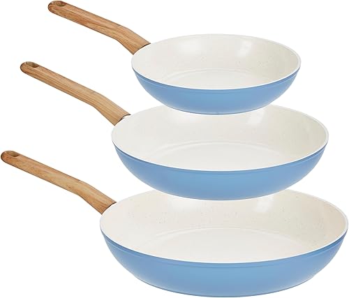 GoodCook Juego de sartenes de cerámica saludable de 3 piezas con infusión de titanio, azul claro, utensilios de cocina de inducción, sartén