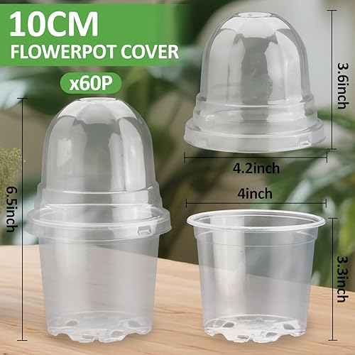 Vista 5 de Juego de 60 macetas transparentes para guardería con cúpulas de humedad, macetas de plástico de 4 pulgadas con agujeros de drenaje para plántulas