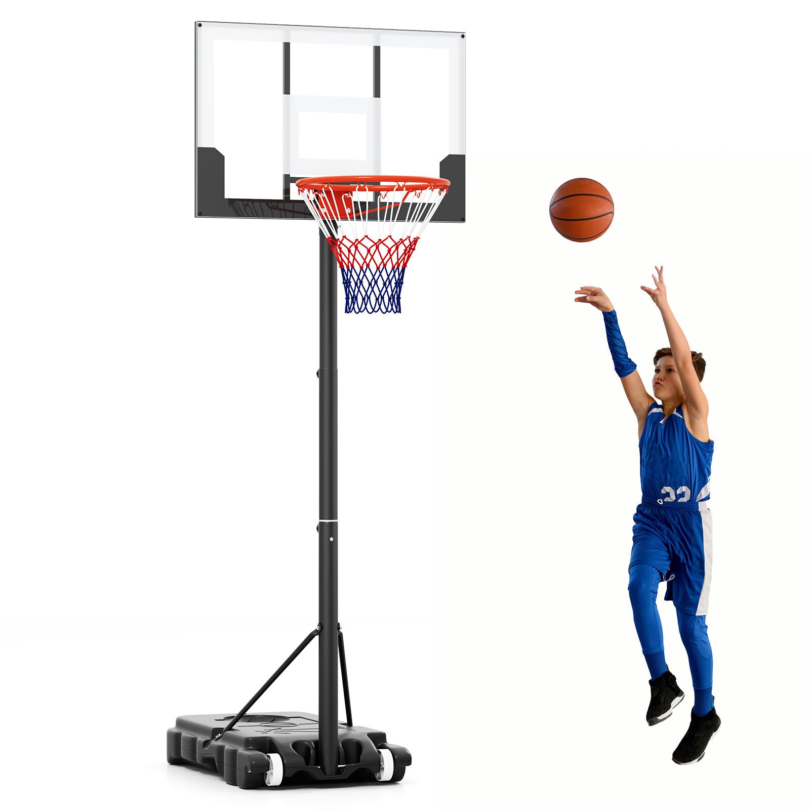 COSTWAY Canestro da Basket Esterno ed Interno Regolabile 100 cm-212 cm, Canestro da Basket per Bambini/Adolescenti Portatile con Tabellone in PC, Base Riempibile e Ruote