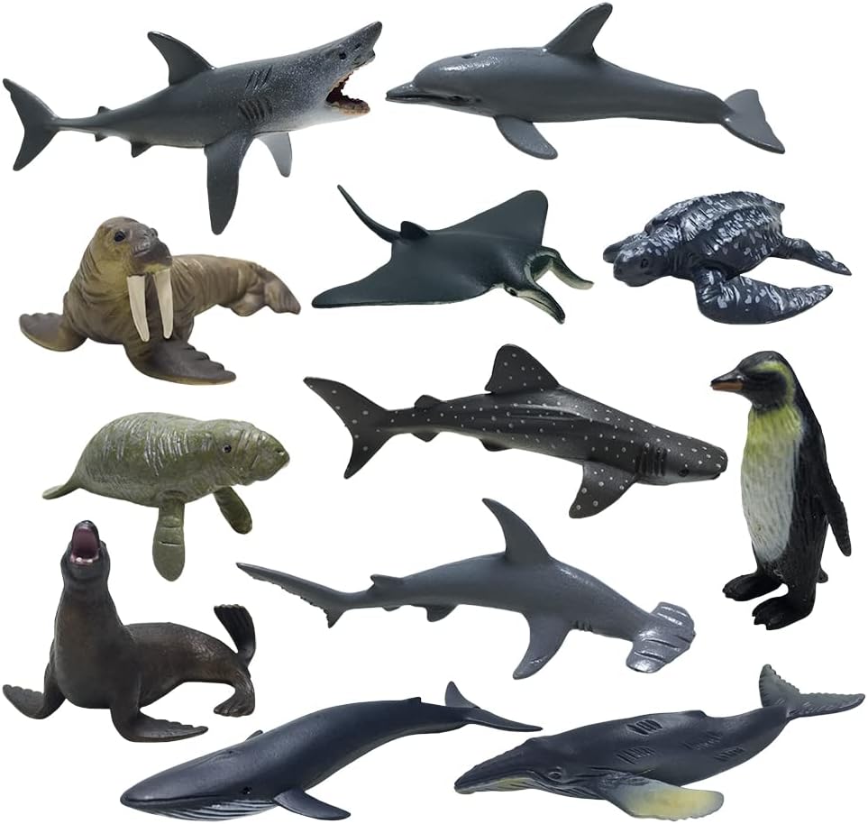 Sea Ocean Animals Pool Toys Bath Toys 12 Pack Set, Realistic Plastic Marine Figures Toy, Sea Life Creature, Rubber Ocean Creatures Figures Collection, Dolphin, White Shark, 2-4 inches.
