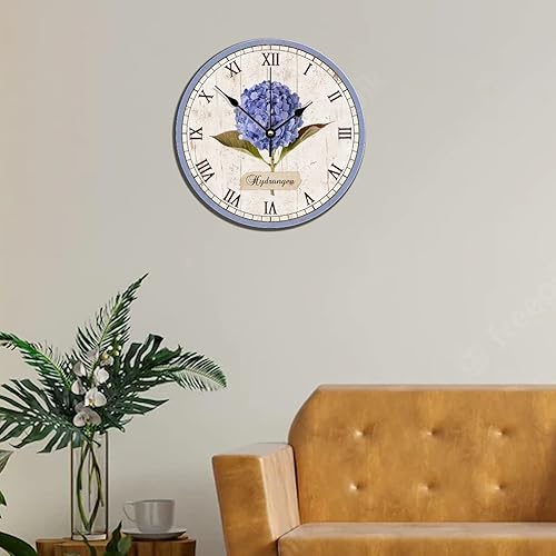 Miniatura 8 de Reloj de madera retro morado hortensia números romanos de 10 pulgadas, reloj de pared de madera silencioso sin tictac funciona con pilas, reloj de