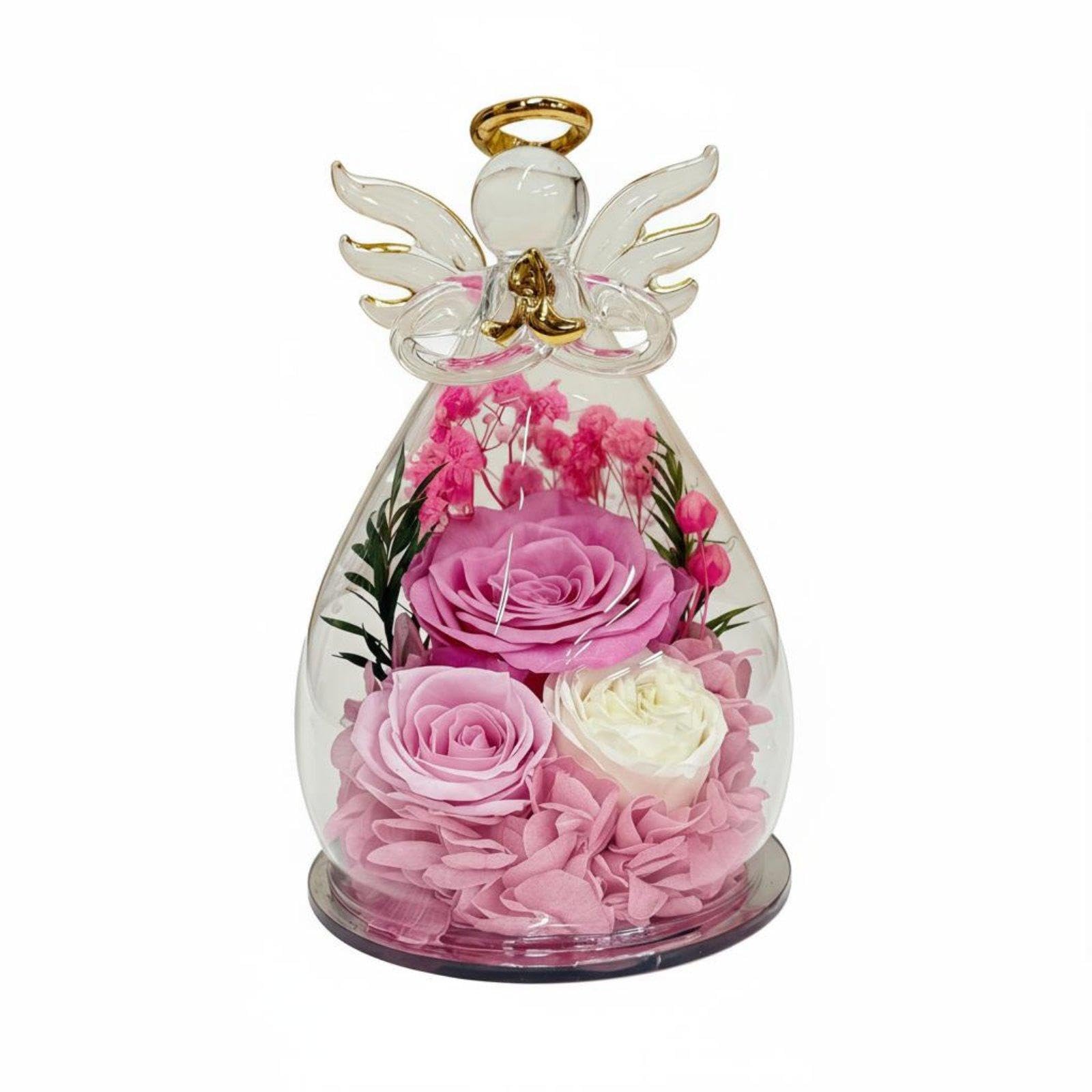 Angel Glass Cover with Roses Permanent Rose in Glass Angel Symbol of Everlasting Love Floral Arrangement for Mom, Valentine's Day Pink Wht with Light-image-38