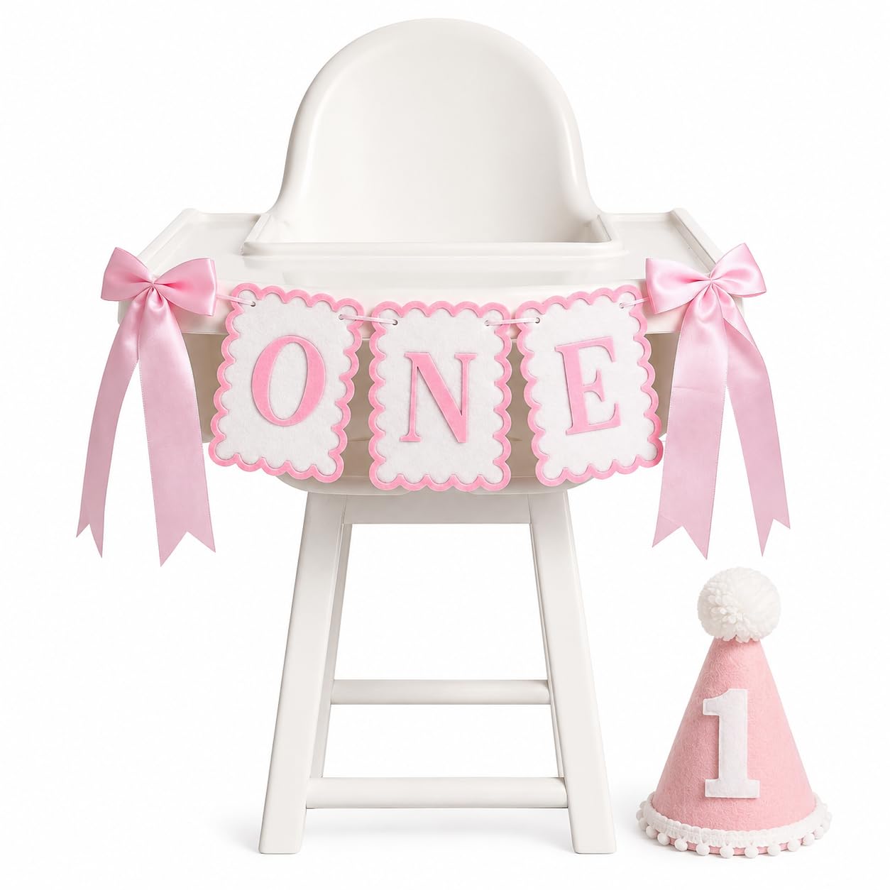 2Pcs First Birthday Decorations Girl, 1st Birthday Crown, Banner and Hat Set for 1st Birthday Party, Pink and Gold Theme