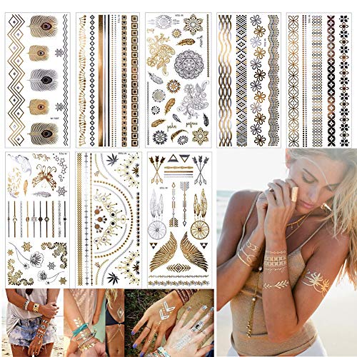 EQLEF Autocollants de Tatouages métalliques temporaires inimitables, 8 Feuilles de Tatouages de Bijoux Faux Corps Brillant pour Les Femmes Les Jeunes Filles