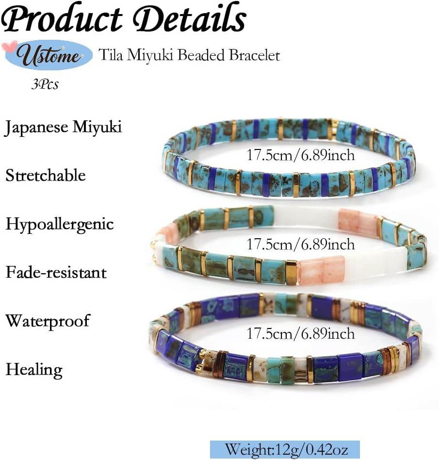 Tila Flat Square Stack Beaded Bracelets Set for Women Men, Boho 3Pcs Romantic Handmade Healing Gold Colorful Stretch Accessories Jewelry, Daily Vacation Party Holiday Friendship Gift