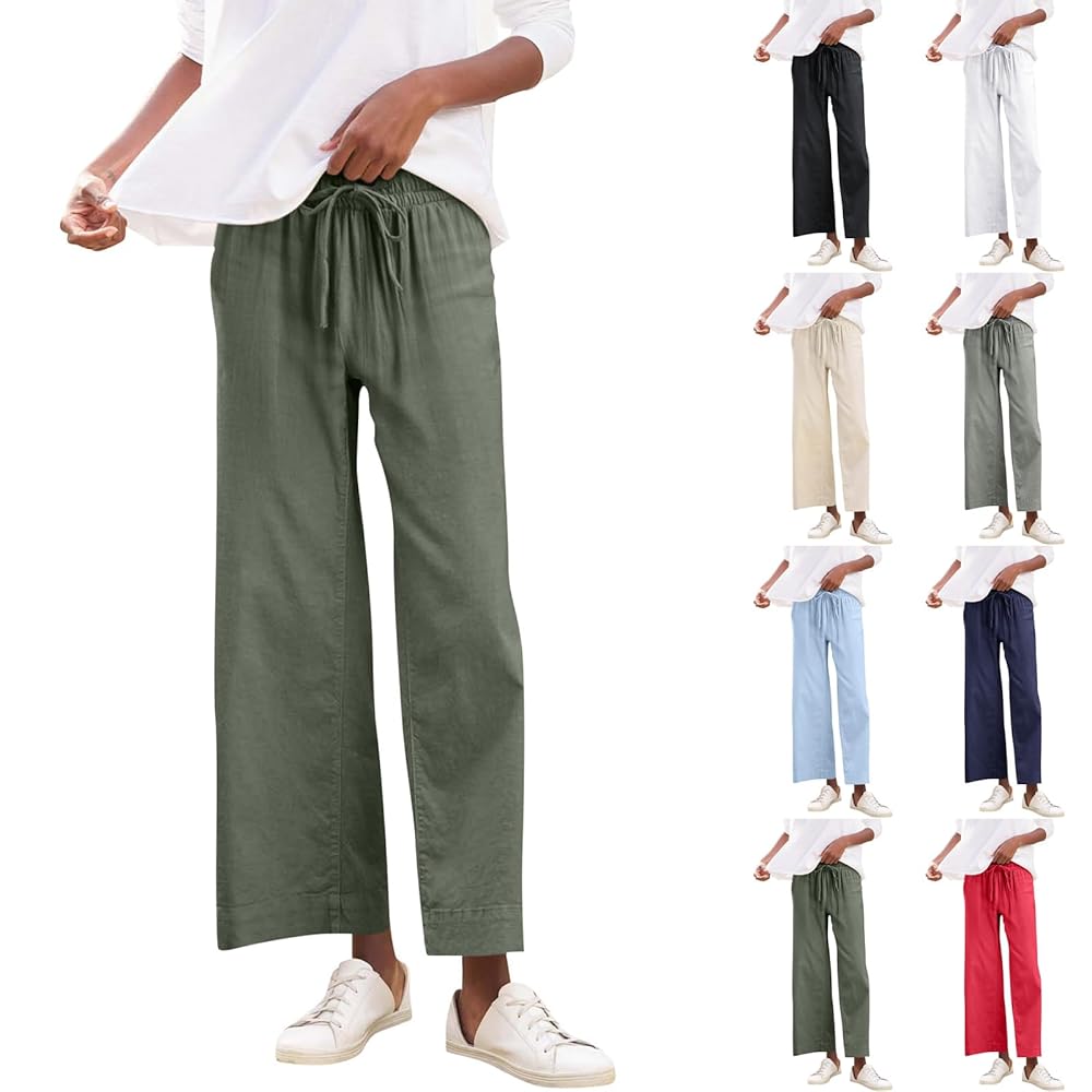 Linen Pants for Women Elastic High Waisted Straight Leg