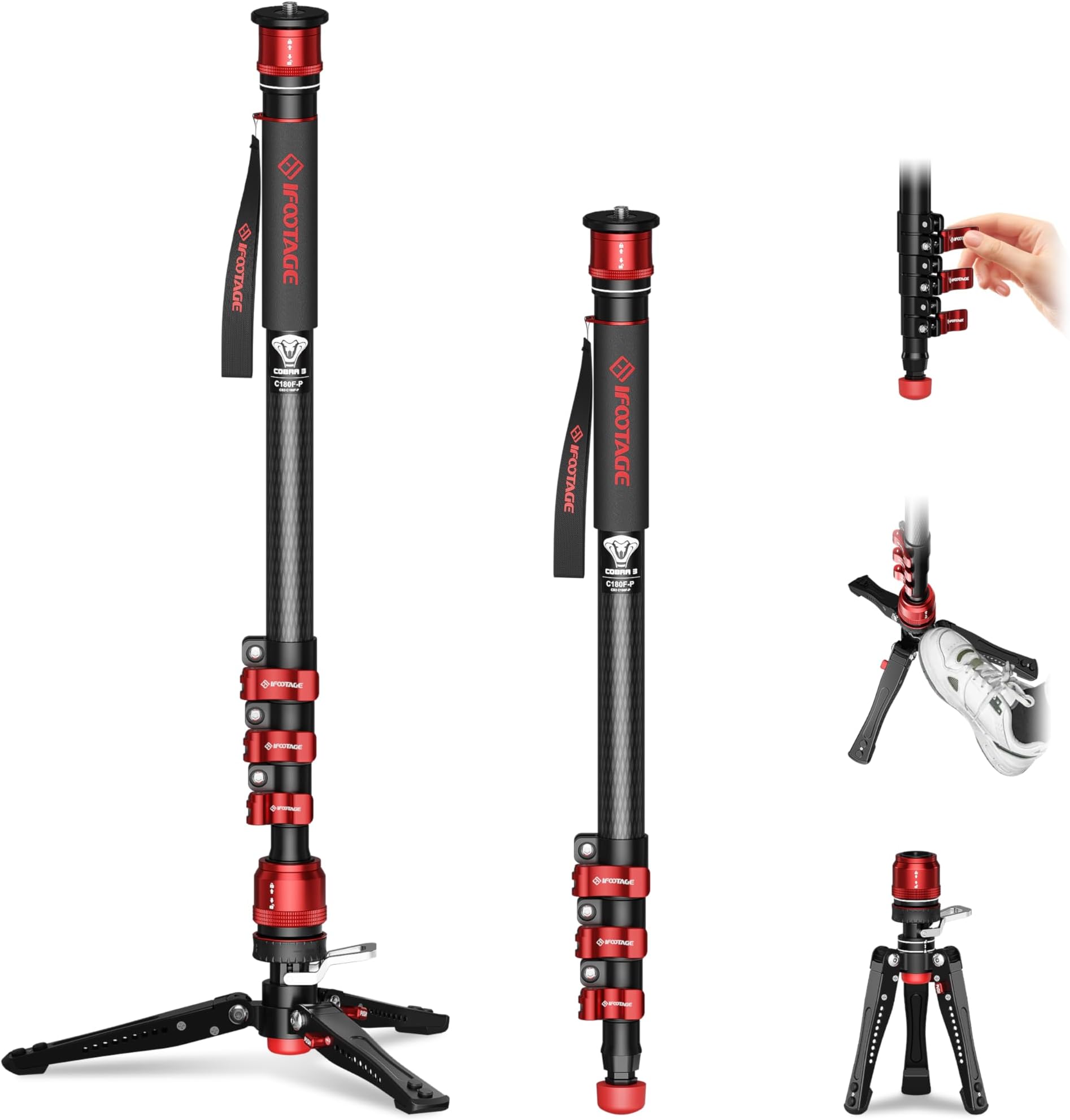Monopod with Pedal Cobra 3 C180F-P, 71" Monopod for Cameras Portable Travel Mono pod with Feet, Mono pod Camera Stand Compatible with Sony Canon Nikon DSLR Camera, Max Load 17.64 lbs