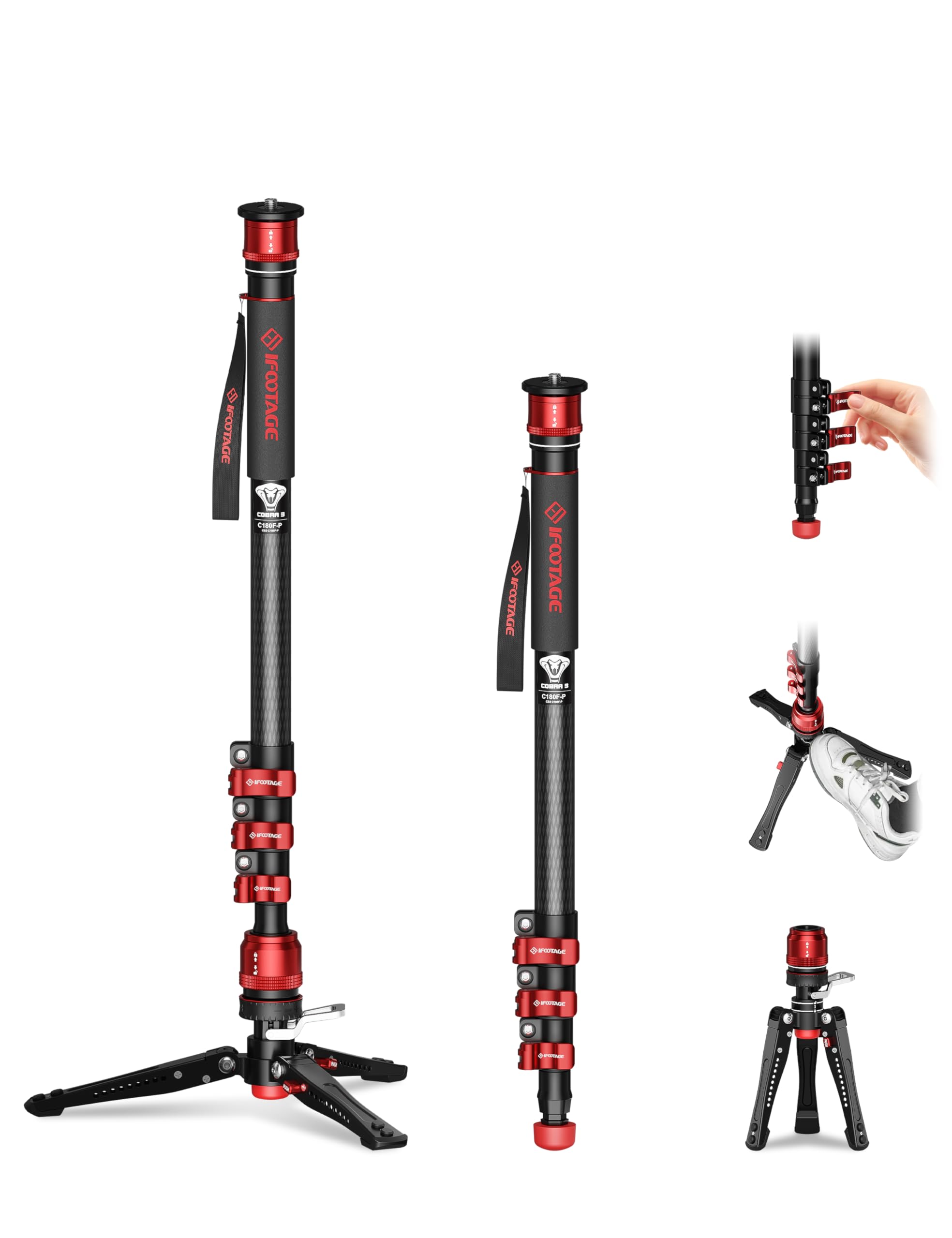 Cobra 3 Monopod Cobra 3 C180F-P, 71" Camera Monopod Stand with Feet, Professional Carbon Fiber Travel, Payload 17.64Lbs/ 8KG