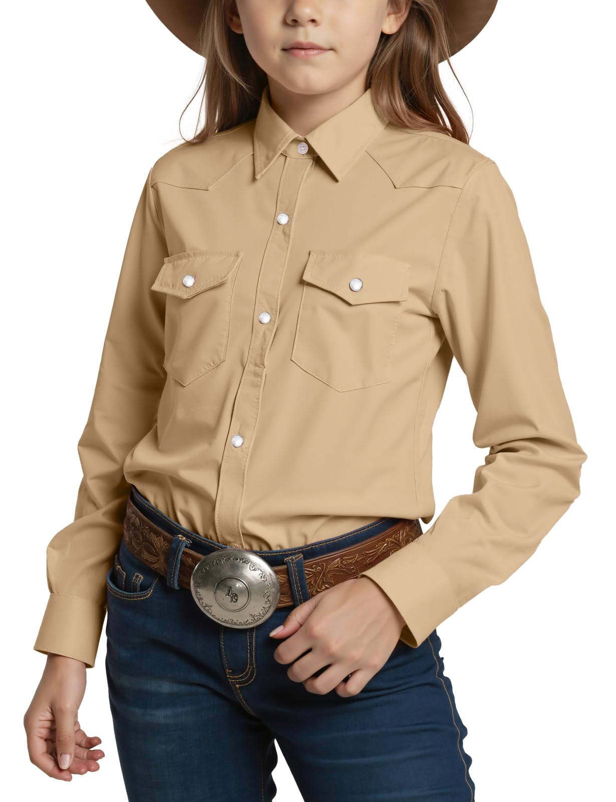 Girls Button Down Pearl Snap Western Shirt Cowgirl Long Sleeve Blouse Tops (5-12 Years)