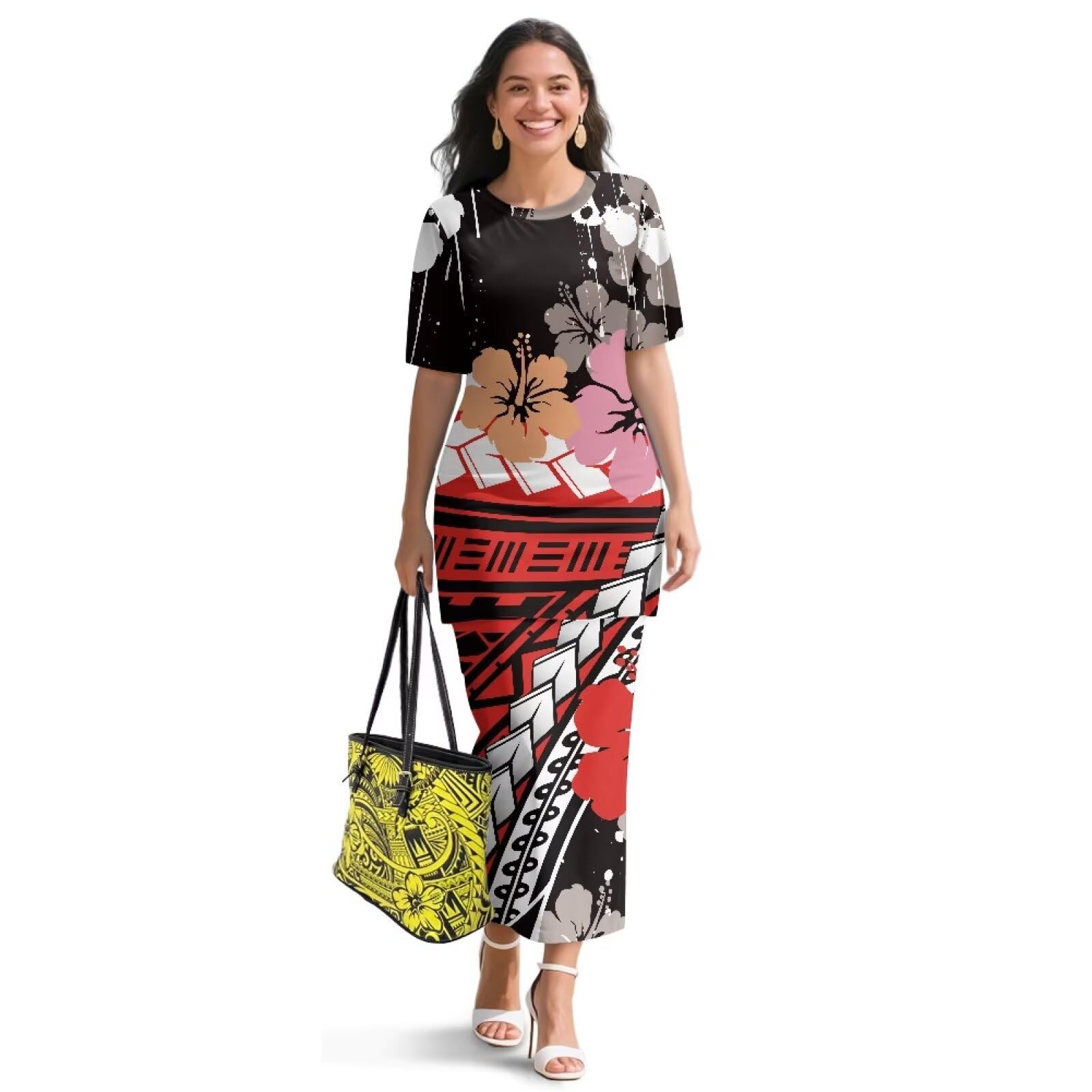 Puletasi Samoan Traditional 2 Piece Outfits for Women Short Sleeve Crop Top and Maxi Skirt Sets Puletasi Dress