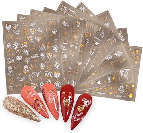 9 hojas de calcomanías para el día de San Valentín calcomanías autoadhesivas para uñas patrón de flores de rosa oro y blanco suministros de