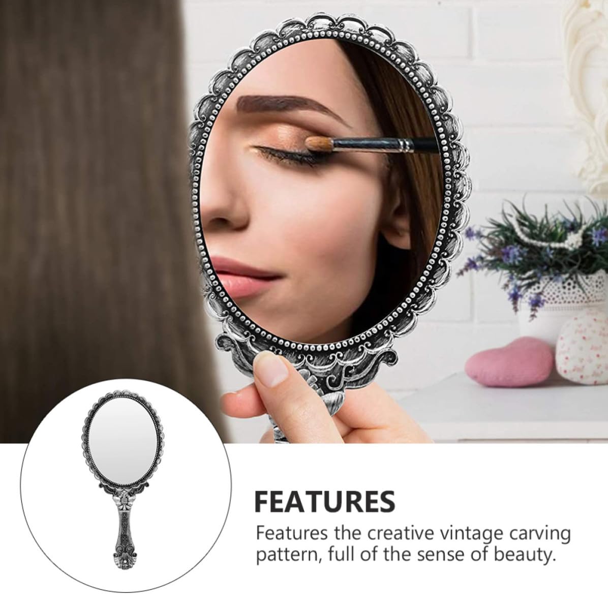 Healeved Espejo de Mano Retro Diseño Tallado, Portátil para Maquillaje y Viaje, Adecuado para Mujeres y Niñas