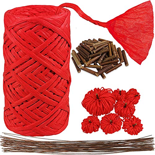 Red Raffia Paper Ribbon Craft Ribbon Package Paper Twine Paper Rope Cord String Thick Paper Twist with Stem Wire Twigs for Floral Bouquets Gift Wrapping Bows Craft Weaving Party Christmas Decoration