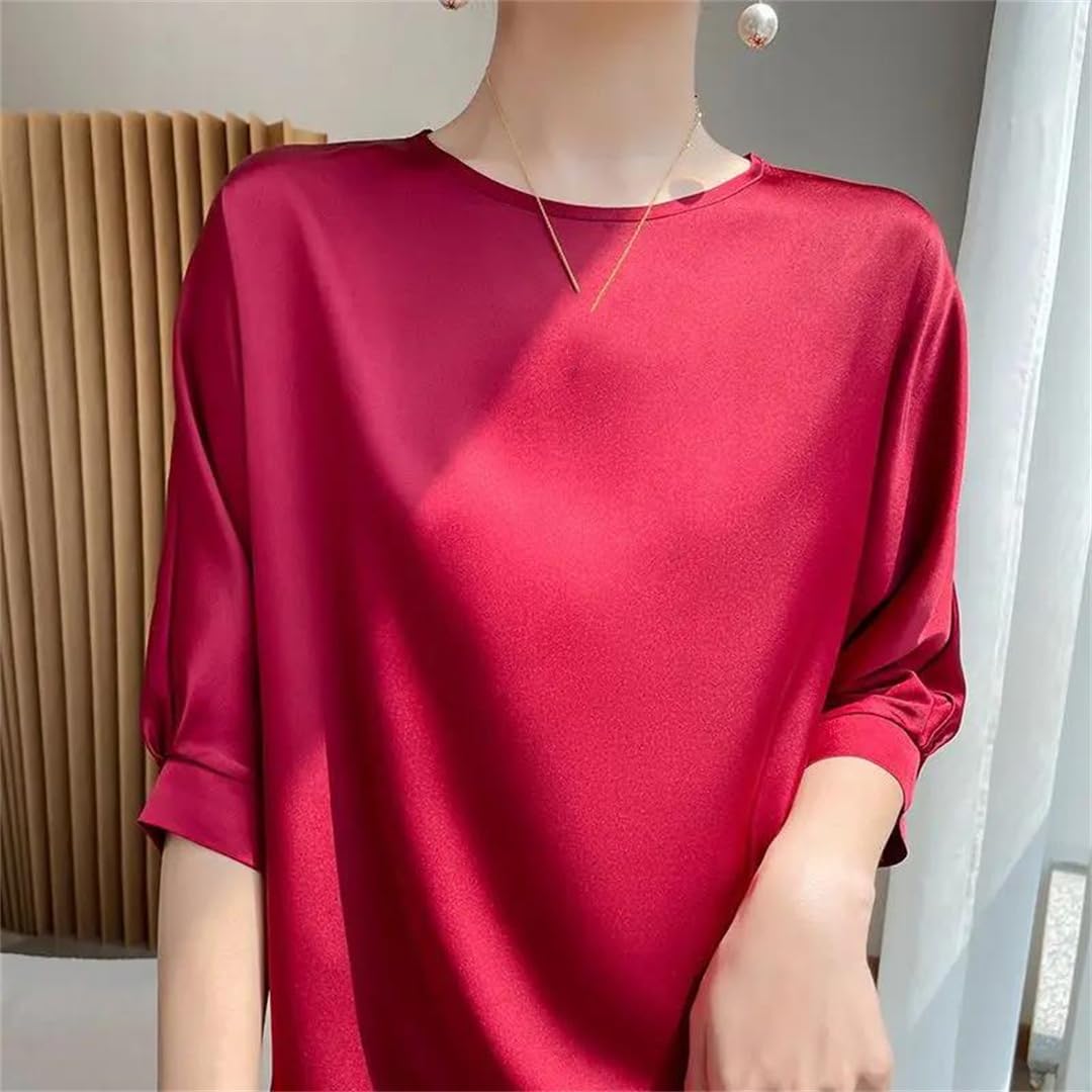 Yeuyyben Camicetta da donna classica tinta unita sottile mezza manica O-collare allentato slim camicia pullover da donna