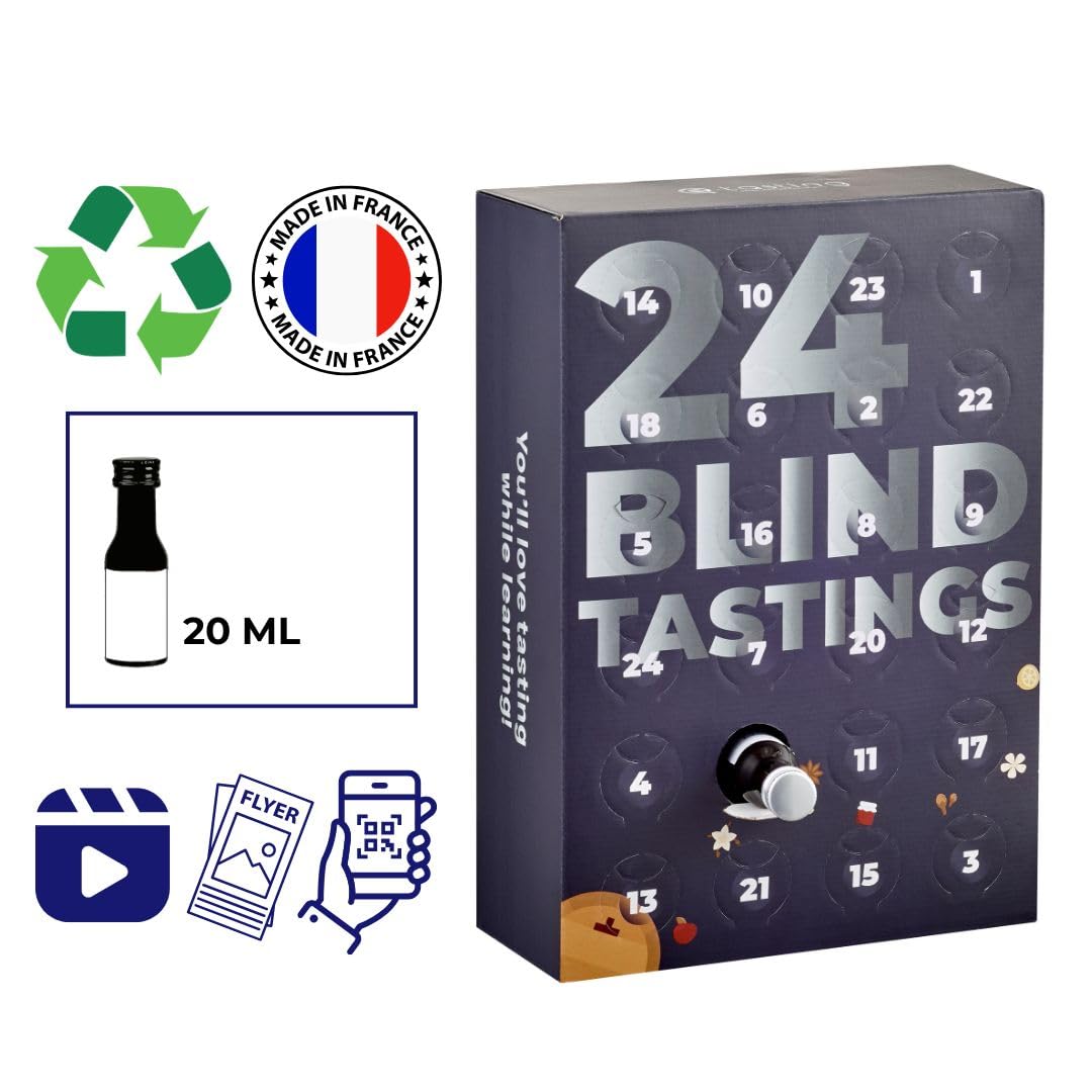 Calendrier de l’Avent Vin “24 Blind Tastings” – 24 vins x 20 mL – Dégustation à l’aveugle (rouge, blanc, rosé), idée cadeau originale homme/femme