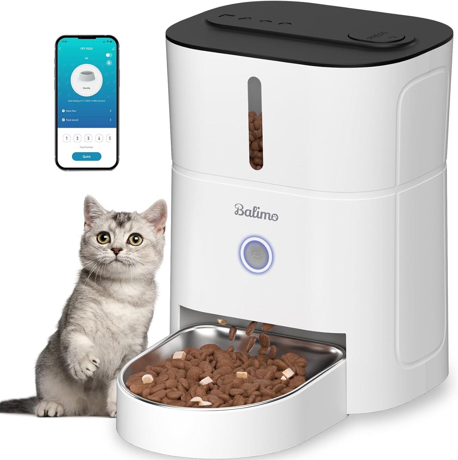 Balimo Distributore Automatico Cibo Gatti, 2.4G WiFi Dispenser Crocchette Gatto, 3L Distributore Automatico Cibo Cani, 10 Pasti al Giorno, Con Ciotola in Acciaio Inox 304, Adatto Per Cani e Gatti