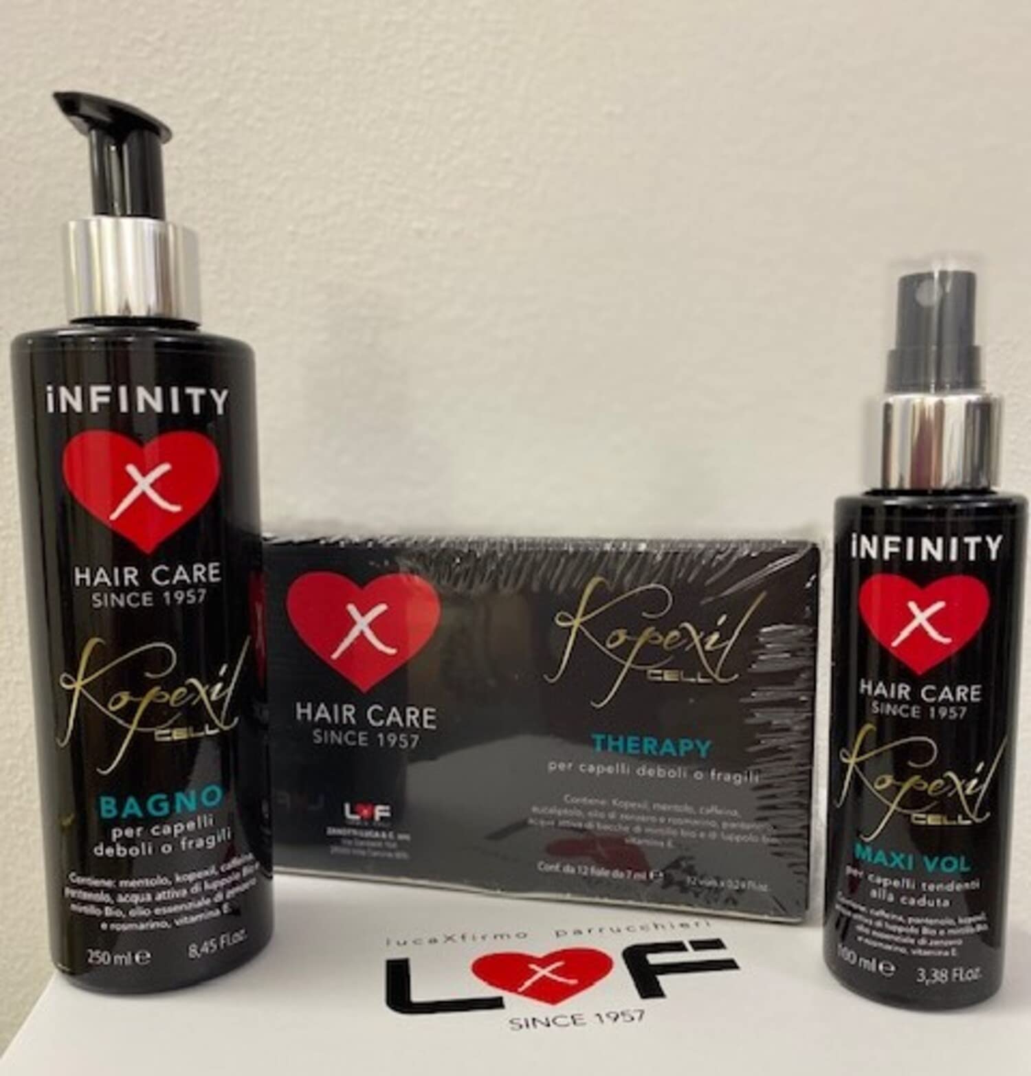 Infinity Hair Care Kopexil Cell, kompletny zestaw do pielęgnacji włosów skłonnych do wypadania włosów, składający się z 1 szamponu, 1 objętości sprayu i 12 ampułek